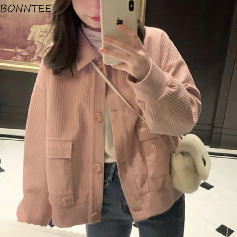 Basic Jackets Women Korean Corduroy Cropped Loose All-match Casual Elegant Turn-down Collar Fashion Simple Ins Popular Hot Sale