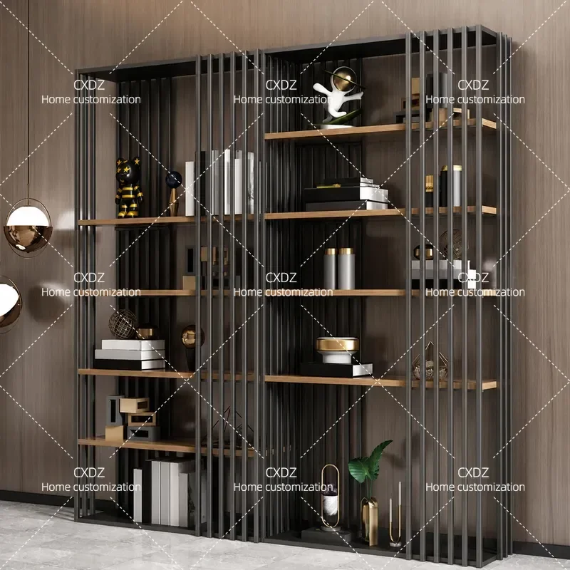 Modern Solid Wood Floor to Ceiling Bookshelf Wrought Iron Office Partition Cabinet Industrial Style Display Stand for Home