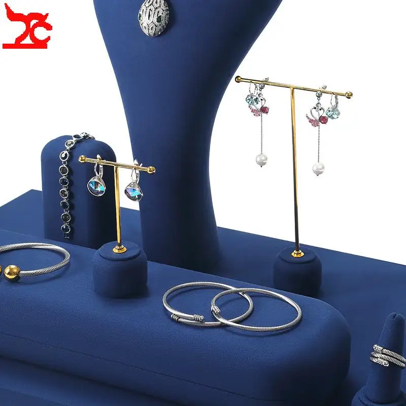 Jewelry Display Stand Ring Earrings Bracelet Necklace Stand Blue Fabric Set Combination Sample Exhibition Display Props