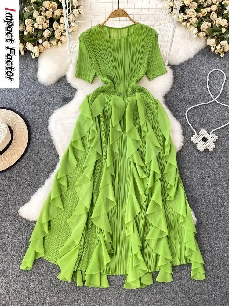 2025 verão novo elegante babados camada bolo vestidos miyake manga curta plissado a linha de alta estiramento festa midi vestido para mulher