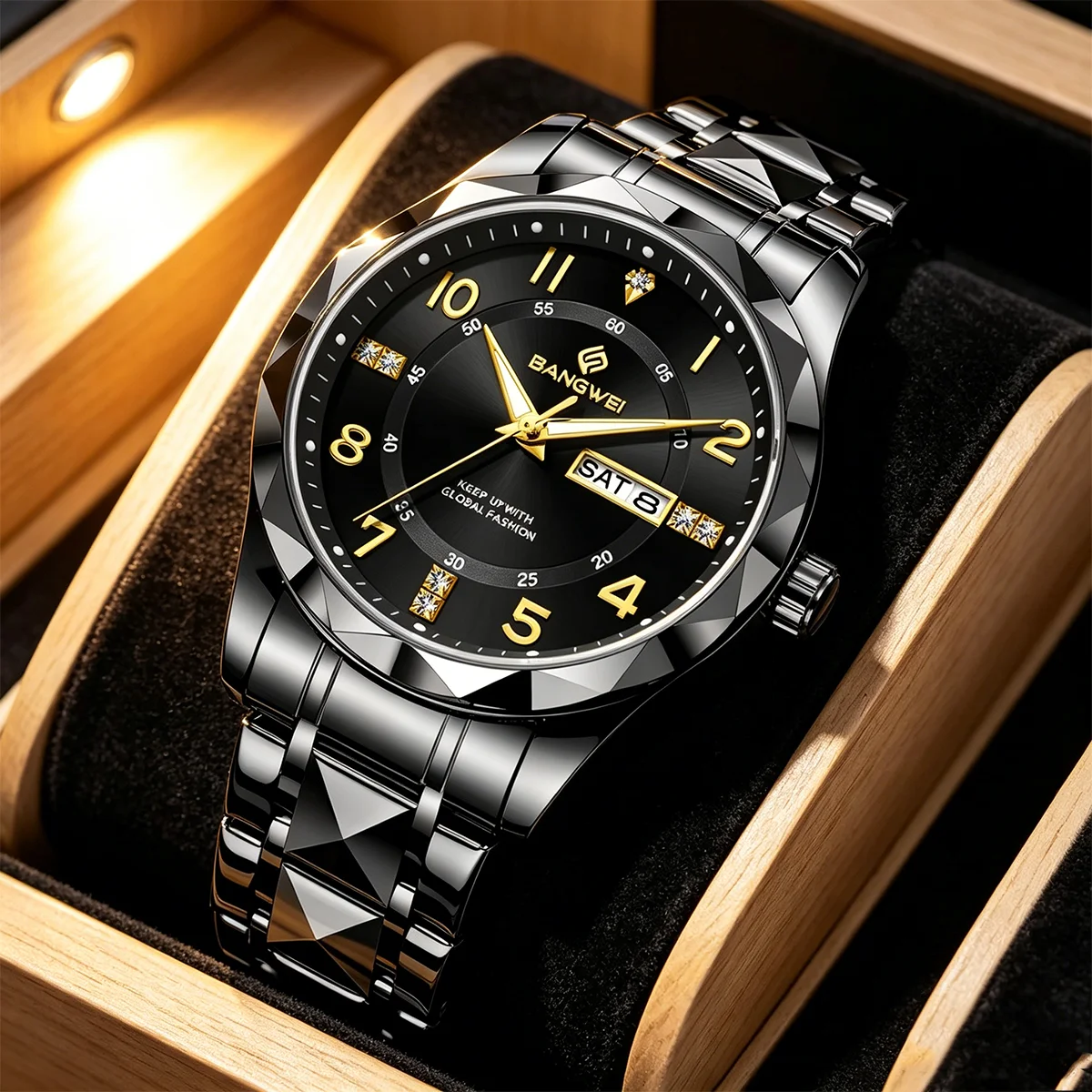 

BANGWEI Gold Black Luxury Man Wristwatch Waterproof Luminous Date Week Men Watch Stainless Steel Quartz Men's Watch Reloj Hombre