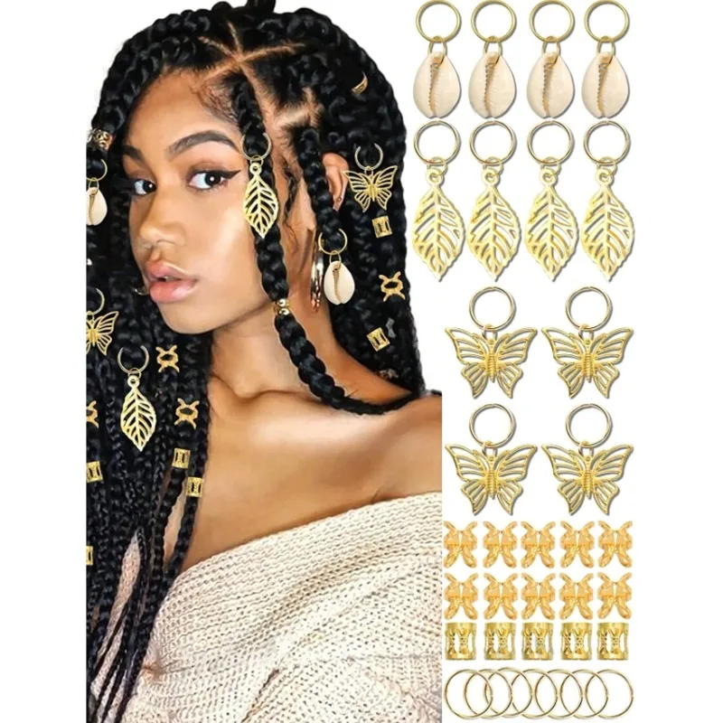 

50Pcs Butterfly Shell Hollow Leaf Hair Rings Set Exquisite Bohemian Vintage Style for Dreadlocks Braids Accessories for Ladies