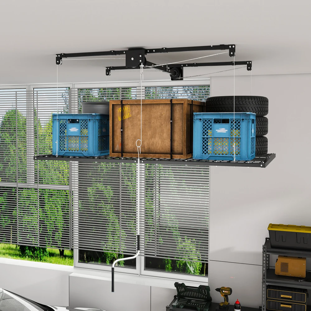 Image of Robuster Stahl-Deckenlift für Garagen mit Handkurbel-Hebesystem, Deckenmontierter Organizer für 3-3,6m Hohe Decken, Manuelles Sicherheitsverriegelungsdesign, Platzsparende