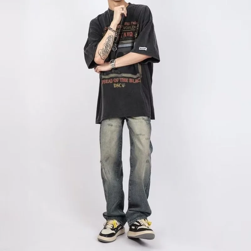 American Street Vintage Washed Straight Jeans Men and Women Fashion Hip-hop Skateboard Versatile Trousers Casual Baggy Jeans Men