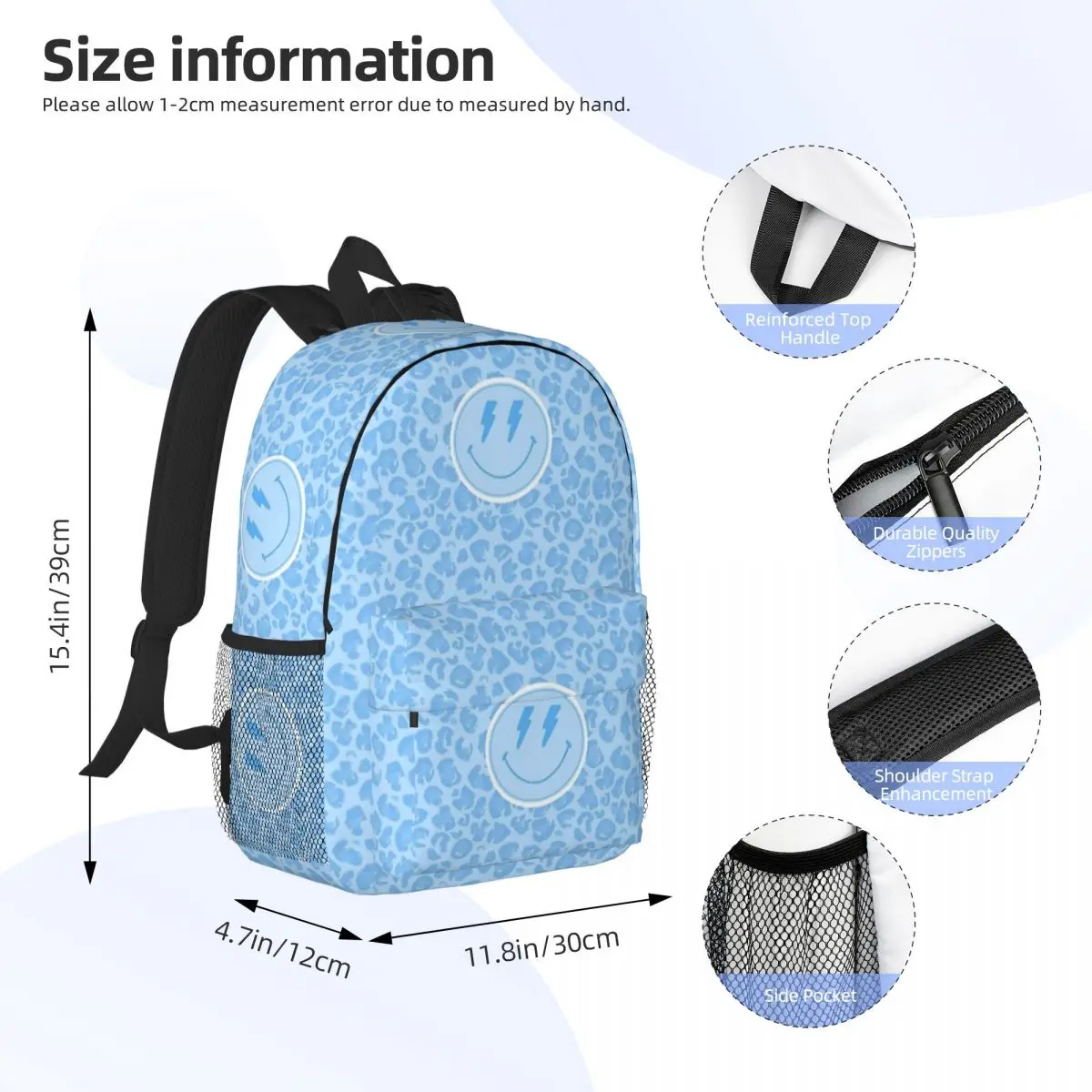 Preppy School Supplies, Preppy, Blue, Blue Preppy, Blue Aesthetic, Smile Face, Happy Face, Preppy Aesthetic Backpack 15inch