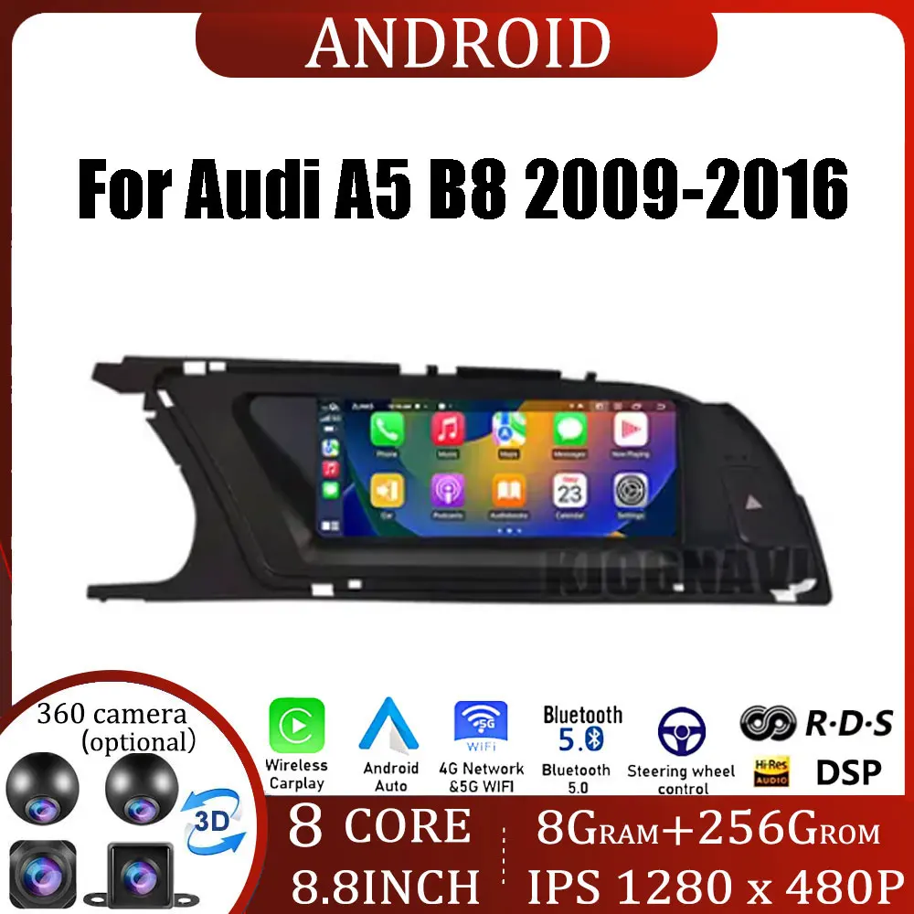 

8.8 Inch Android OS Touch Screen For Audi A5 B8 2009-2016 Car Accessories Multimedia Carplay Monitors Stereo Speacker Player