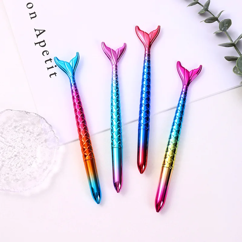 GEWENSI 4 Uds. Bolígrafos neutros de cola de pez de sirena, bolígrafo de escritura de tinta de Gel negro, bolígrafos azules, papelería escolar, suministros de oficina