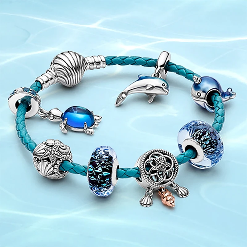 

925 sterling silver summer ocean series blue secret fish starfish turtle glass shell leather fashion pan bracelet female