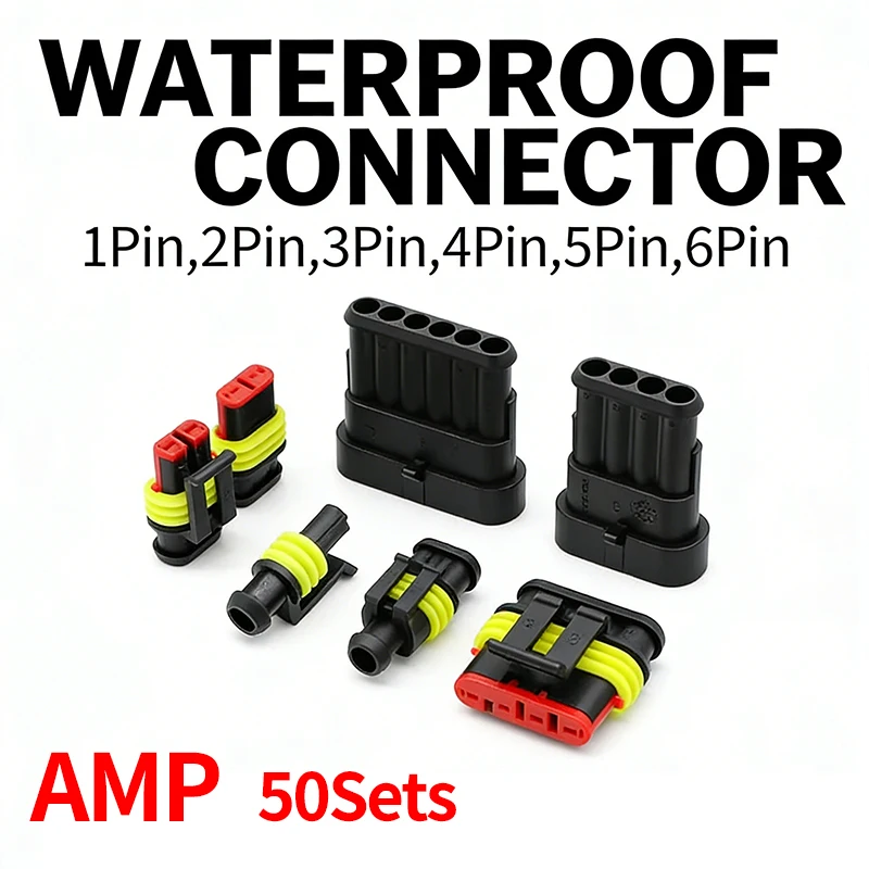 50Sets AMP Style Waterproof Connector 1/2/3/4/5/6 Pin 12A IP68 Electrical Plug for Automotive, Truck, Motorcycle & Marine Wiring