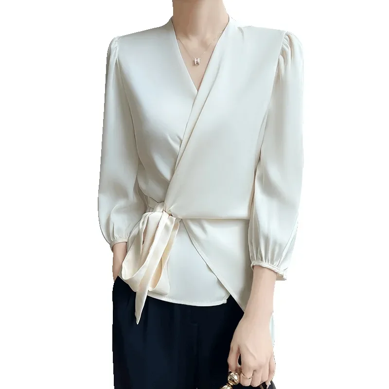 

Women's Satin Wrap Tie Waist Blouse 3/4 Sleeve Elegant Solid Top