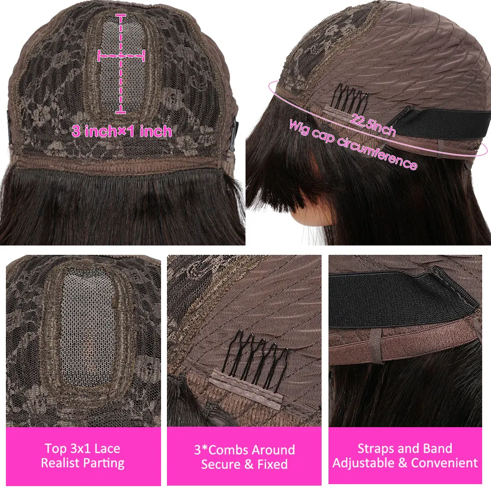 3X1 الجزء الأوسط شعر مستعار الدانتيل بوب الباروكات آلة كاملة صنع العظام شعر طبيعي مفرود الباروكات مع الانفجارات قصيرة بوب خصلات الشعر المستعار الإنسان