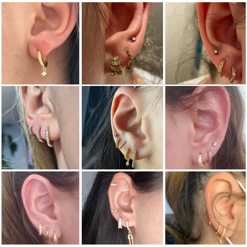 حلقة مطلية بالذهب ، إبزيم أذن بلون فضي ، مجوهرات ثقب حلزوني للغضروف ، نجمة زركون ، ورقة زركون ، قرط ، 1 فقط دائرية