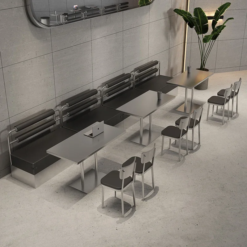Internet celebrity industrial style, coffee shop, stainless steel booth sofa, western restaurant against the wall