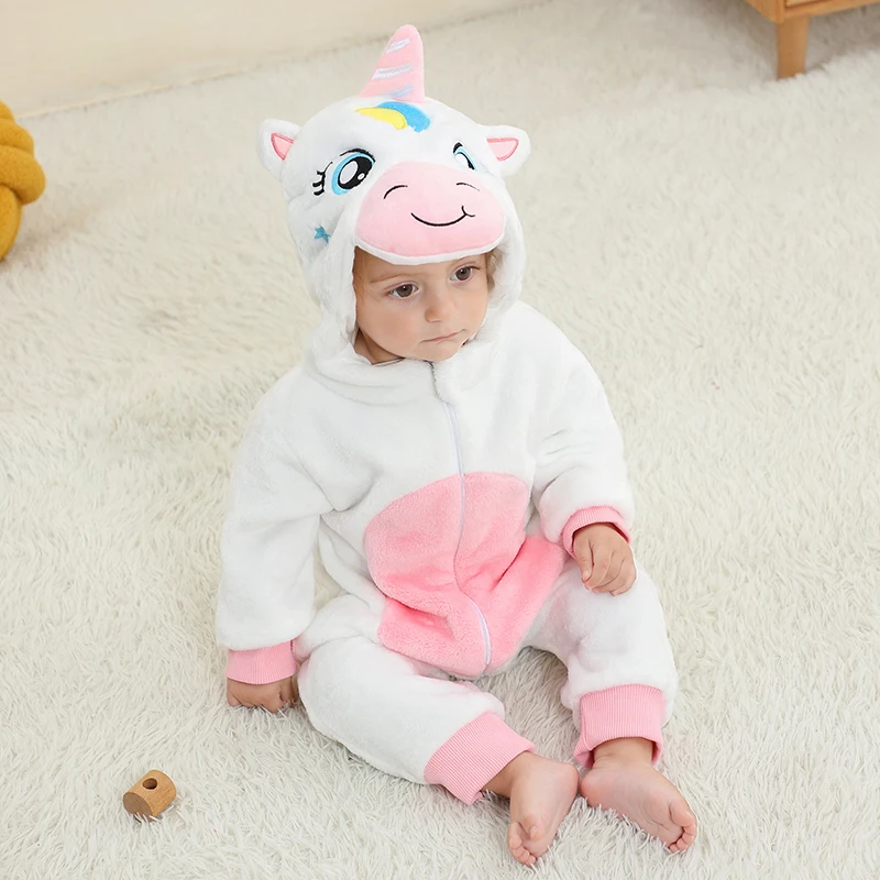 MICHLEY White Unicorn Baby Rompers Winter Clothes Costume Flannel Hooded Bodysuits Pajamas Animals Overall Jumpsuit For Kids