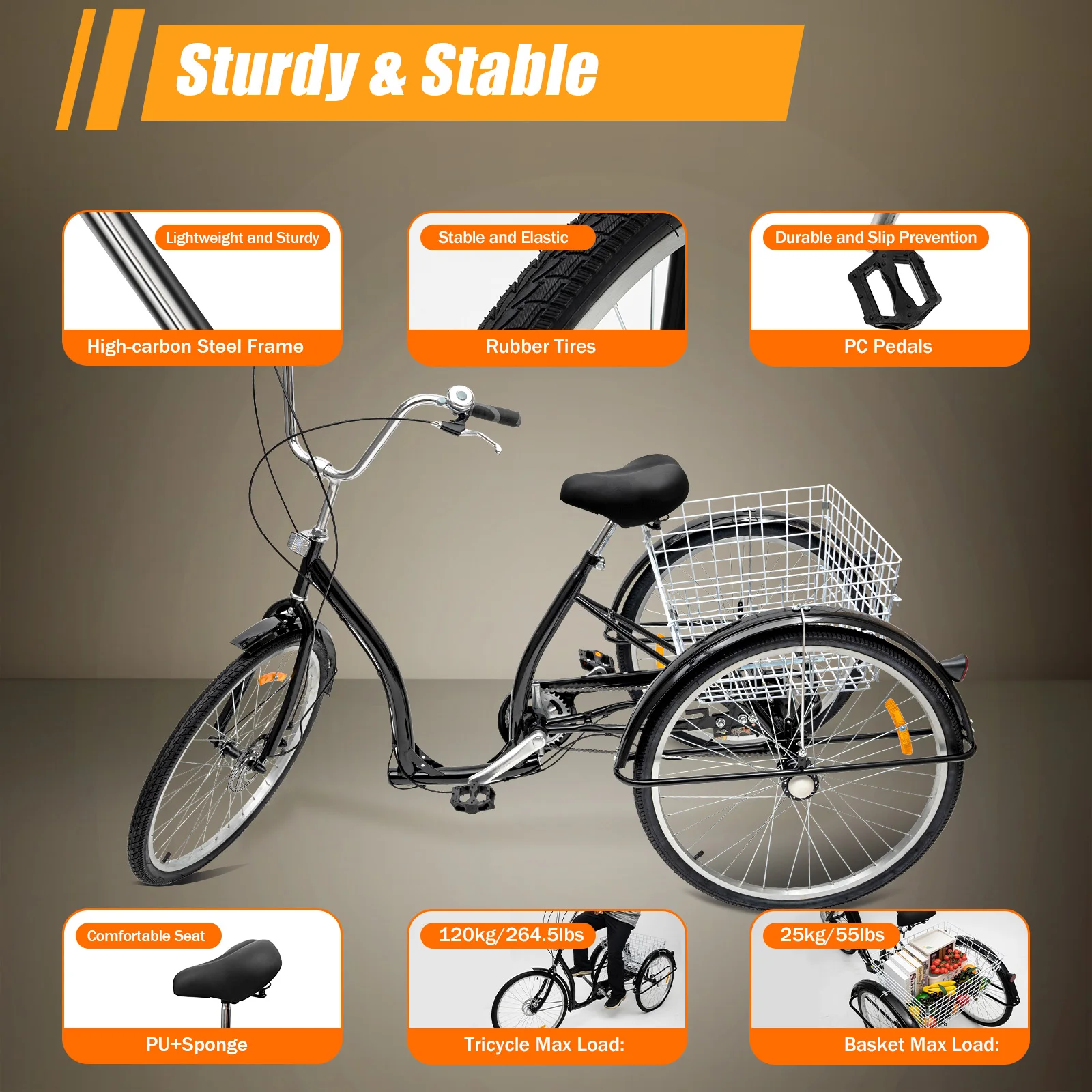 26 Inch Tricycle 6 speed 3 Wheel Modern Black Tricycle with Disc Brake and Holding Brakes Shopping Tricycle with Basket