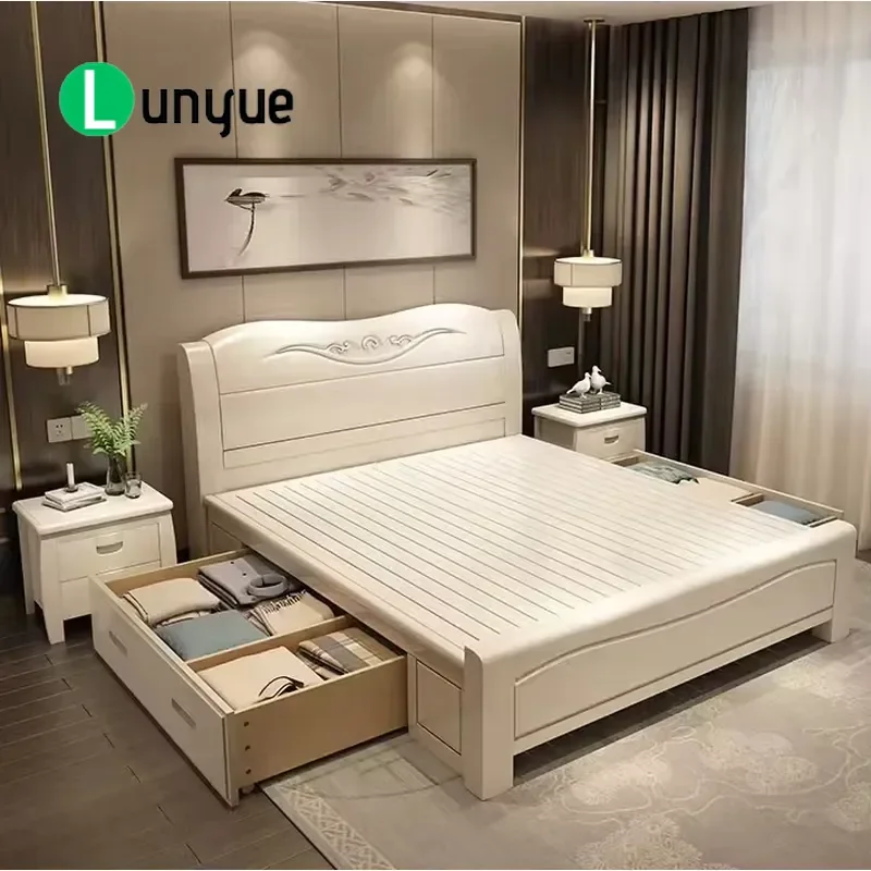 European Classic Design Wooden Bed with Box Storage Solid Wood Frame High Capacity Underbed Drawer Organizer Space Saving