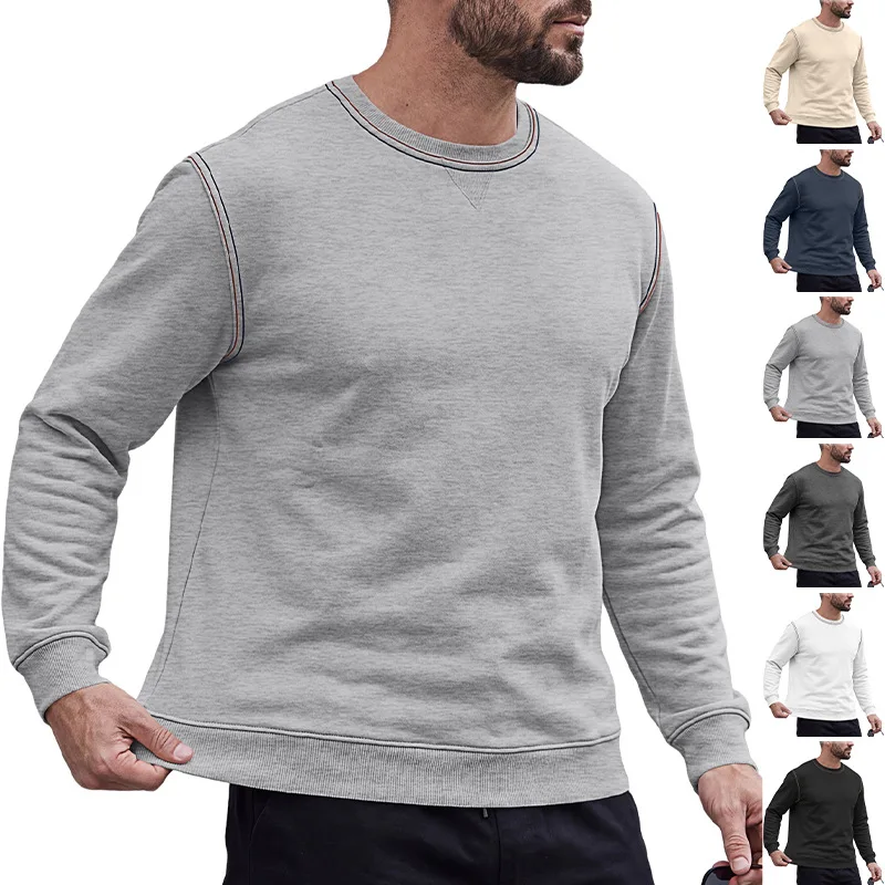 Men's Autumn Winter Crew Neck Sweatshirt Contrast Stitching Brushed Fleece Pullover Ribbed Hem Casual Base Layer Top Daily Wear