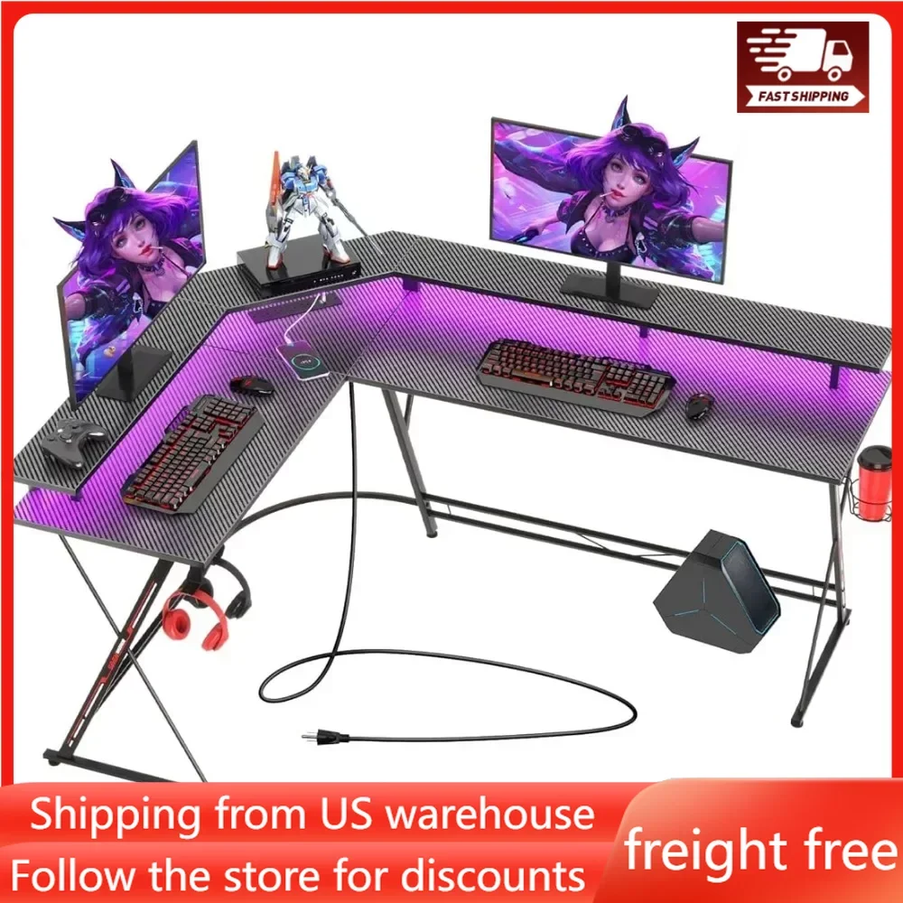 

L Shaped Gaming Desk with LED Lights & Power Outlets with Monitor Stand & Carbon Fiber Surface Corner Desk with Cup Holder