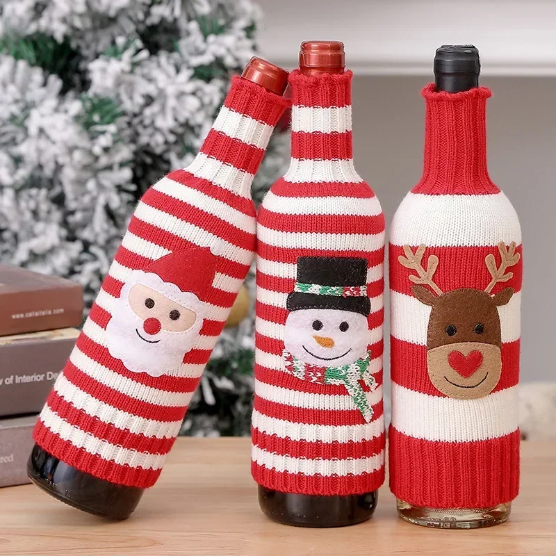 

Christmas Wine Bottle Cover Decor Handmade Knit Cute Santa Claus Wine Cup Dress Bags Reusable Xmas Home New Year Decoration Gift