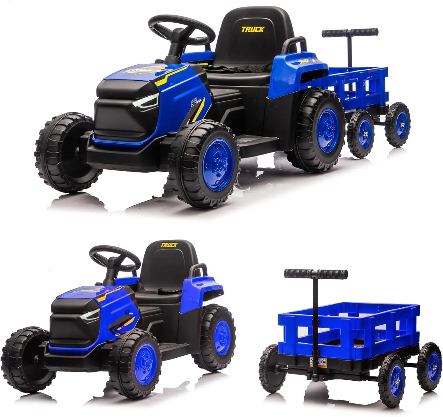 Kleinkinder fahren mit Traktor mit abnehmbarem Gartenwagen, 12-V-Elektro-Kinderfahrzeugspielzeug mit Anhänger, ferngesteuert bis zu 2,5 Meilen pro Stunde