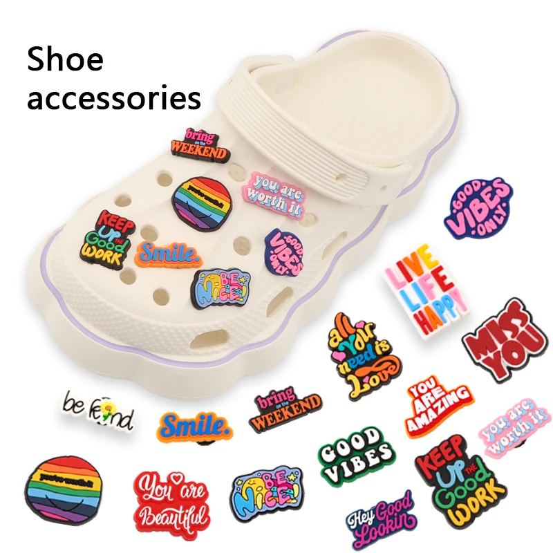 

Shoe Charms English Alphabet Design PVC Inspirational Letters Slippers Shoe Buckles Clog DIY Bands Clog Decoration 1Pc