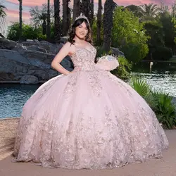 EVLAST Customized Mexican Pink Quinceanera Dress Ball Gown Gold Floral Applique Beading Cape Sweet 16 Vestido De 15 Anos TQD556