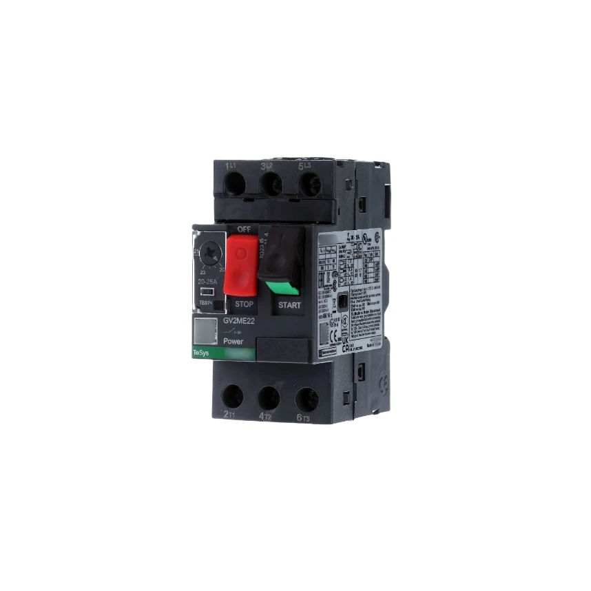 GV2ME22 Motor circuit breaker, TeSys Deca, 3P, 20 to 25A, thermal magnetic, screw clamp terminals, button control