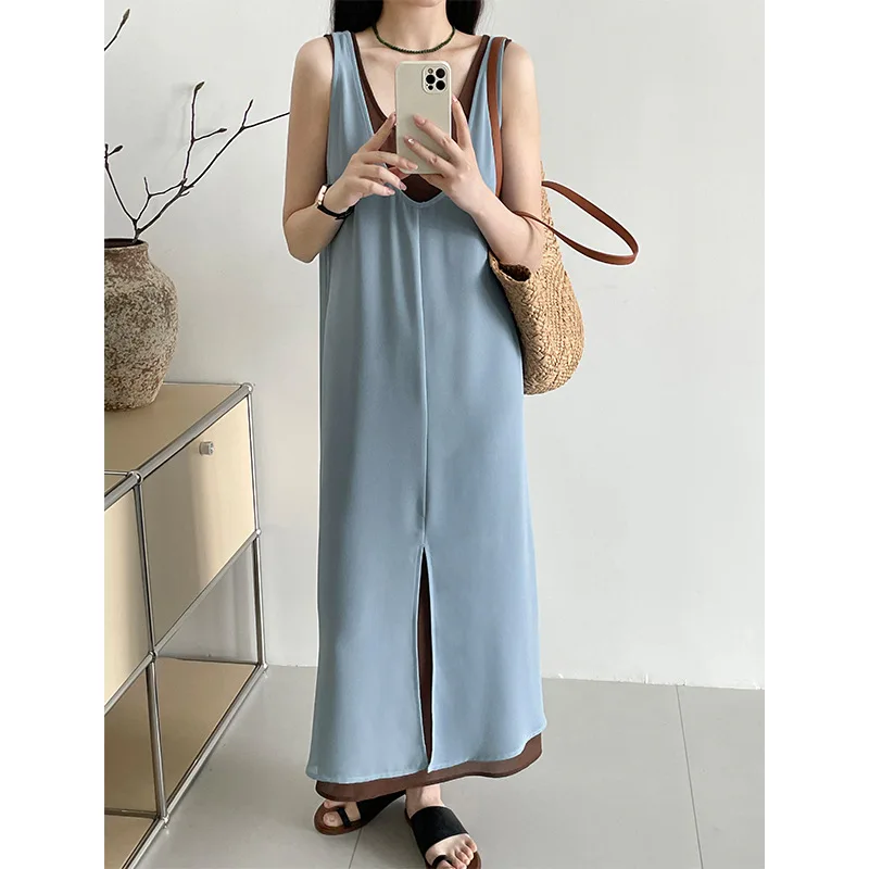 Vestido suspenso de duas peças em camadas para mulheres, estilo fino, respirável, caído, elegante, decote em v