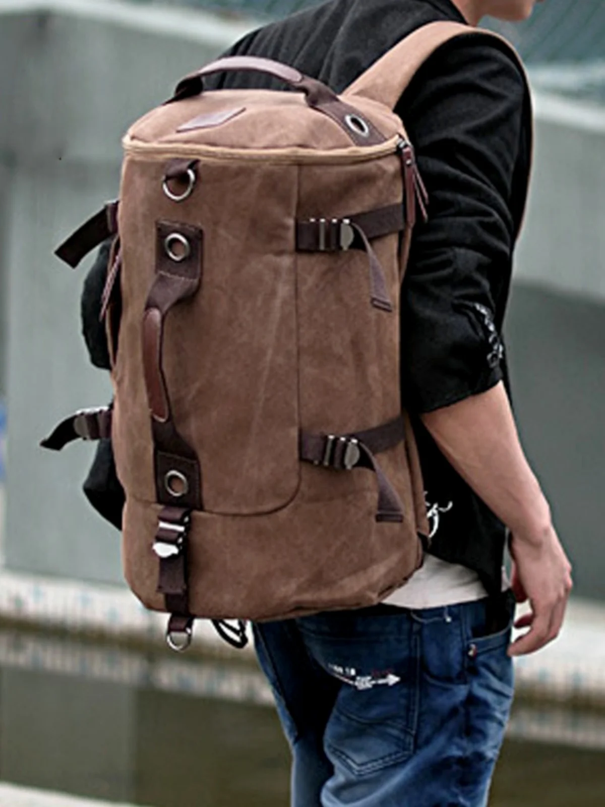 Large Capacity Canvas Backpack Korean Style Single Shoulder Book Bag Men's round Barrel Bag Double Shoulder Travel Bag Luggag...