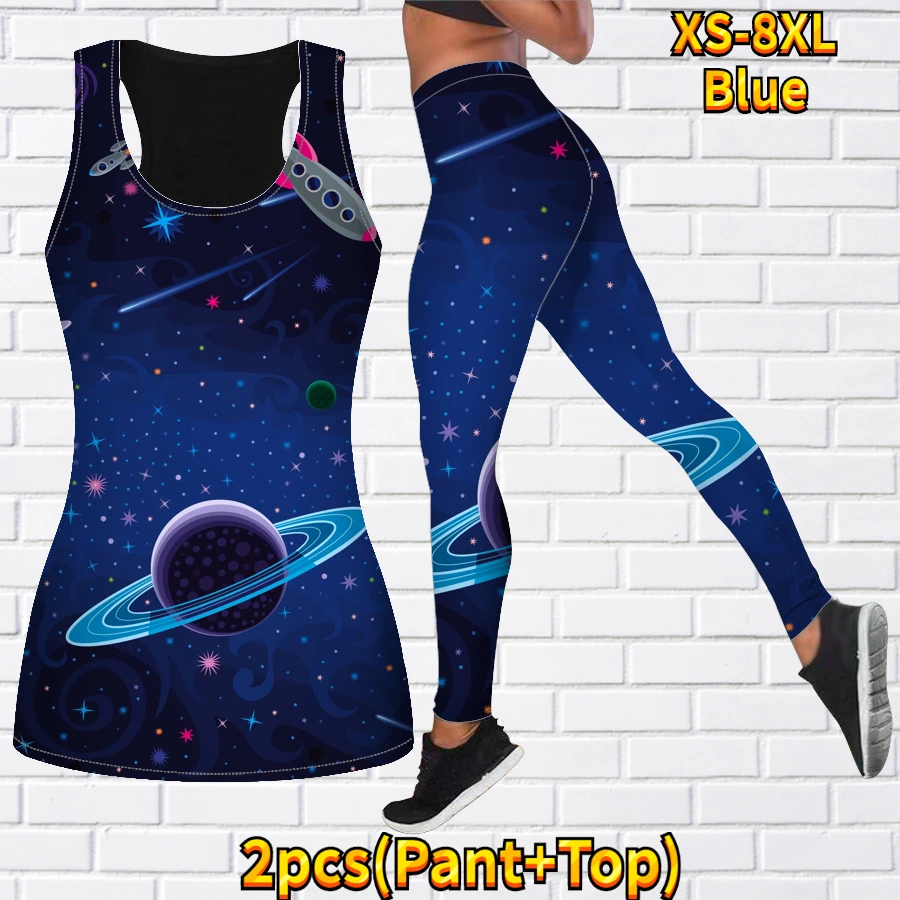 Women\'s Yoga Pants Set Cosmic Printed Sweatpants Yoga Two Piece Casual Sports Tank Top Leggings XS-8XL