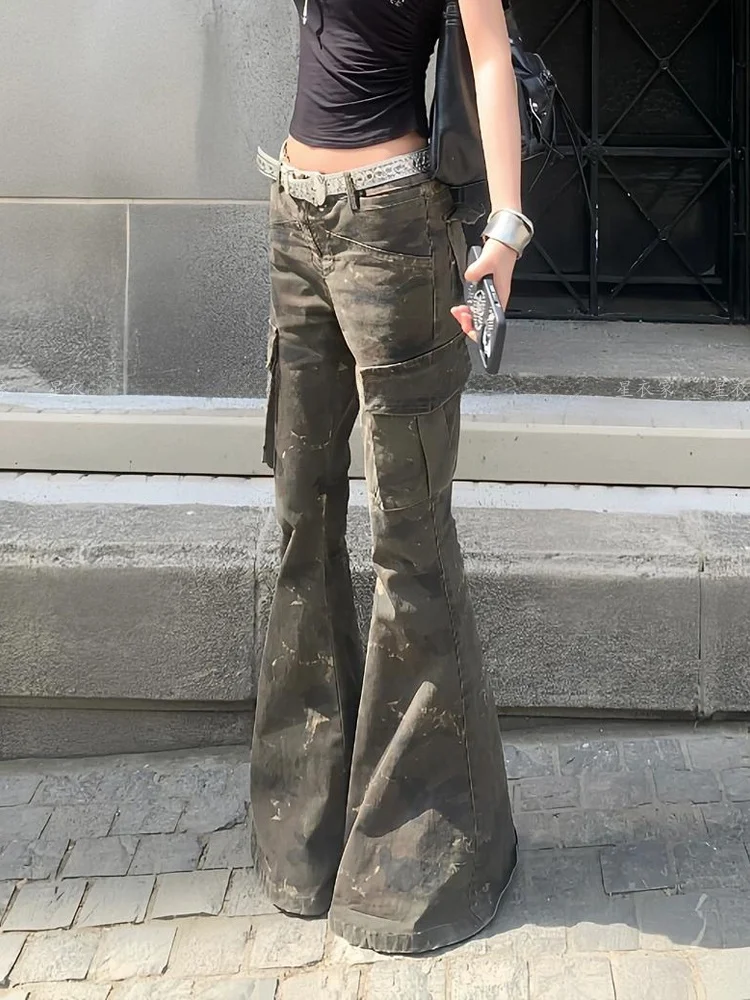 

Ретро-джинсы Y2K в американском стиле с камуфляжным принтом, с низкой посадкой, облегающие, слегка расклешенные, длинные брюки для женщин