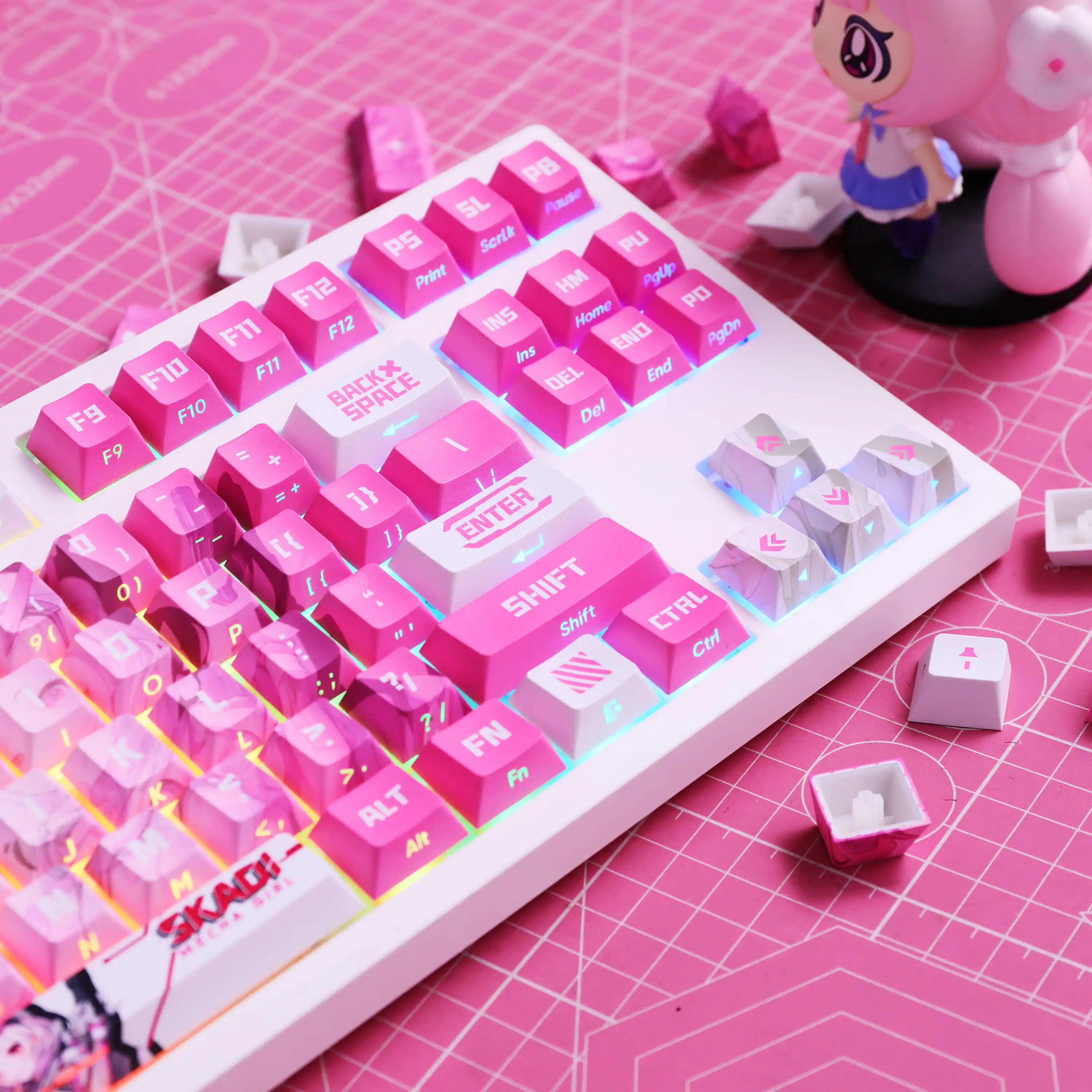 124 Keys/Set Skadl Mecha Girl Keycaps Pink PBT Key Caps Cherry Height for MX Switch DIY Mechanical Keyboards Gift