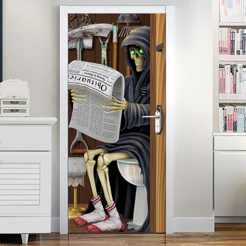 Door Sticker, Halloween Ghost Newspaper Door Wall Sticker Peel And Stick Removable Wallpaper Horrible Door Decal