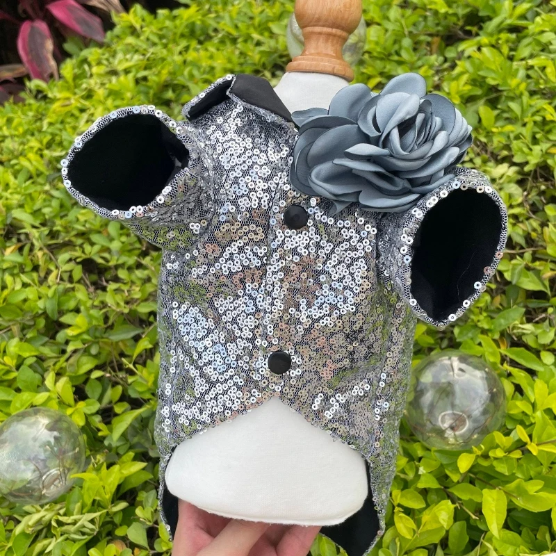 

Handmade Dog Clothes Pet Supplies Handsome Suit Cool Jacket Silver Sequins Two-Piece Set Tailored Skirt Couple Dress