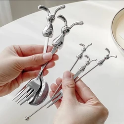 Creative Stainless Steel Spoon Cartoon Rabbit Fruit Fork INS Style Milk Tea Coffee Stirring Rod Dessert Snack Spoon Tableware