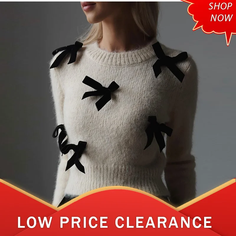 Elegant 3d Bow Crop Knitted Pullover Women Fashion O Neck Long Sleeves Slim Sweater 2024 Chic Autumn Winter Lady Warm Outerwear