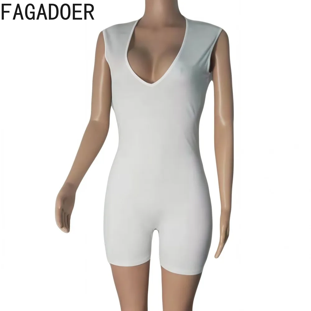 FAGADOER Frühling Neue Casual Rippen Strampler Frauen Einfarbig Ärmel Tiefem V-ausschnitt Bodycon Overall Weibliche Streetwear Overalls