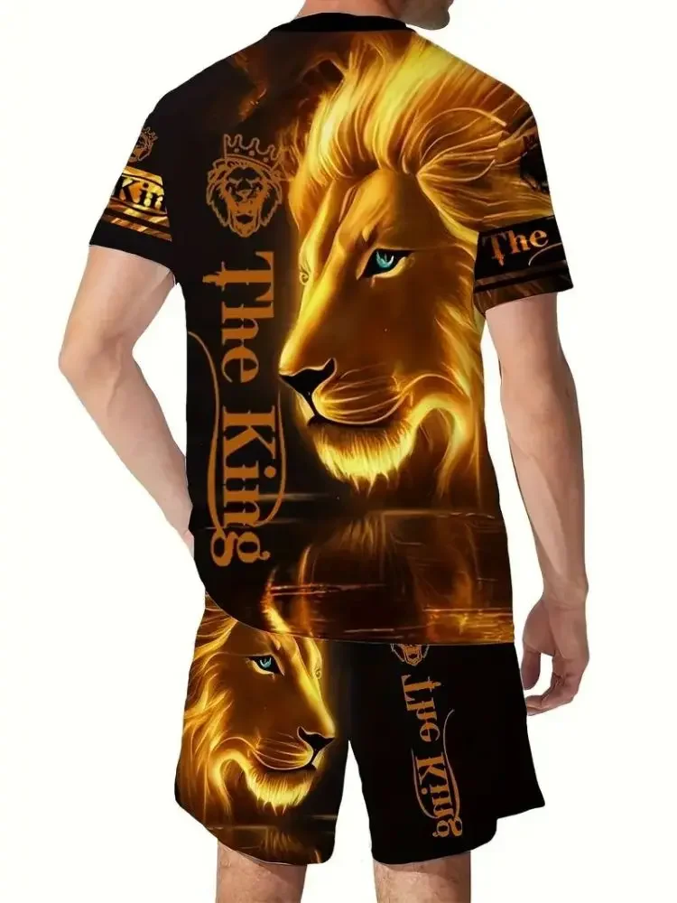 Summer Men\'s Tracksuit 2 Piece Outfits 3D Golden Lion Print Short Sleeve T-Shirt Shorts Jogging Sets Outdoor Street Men Clothing