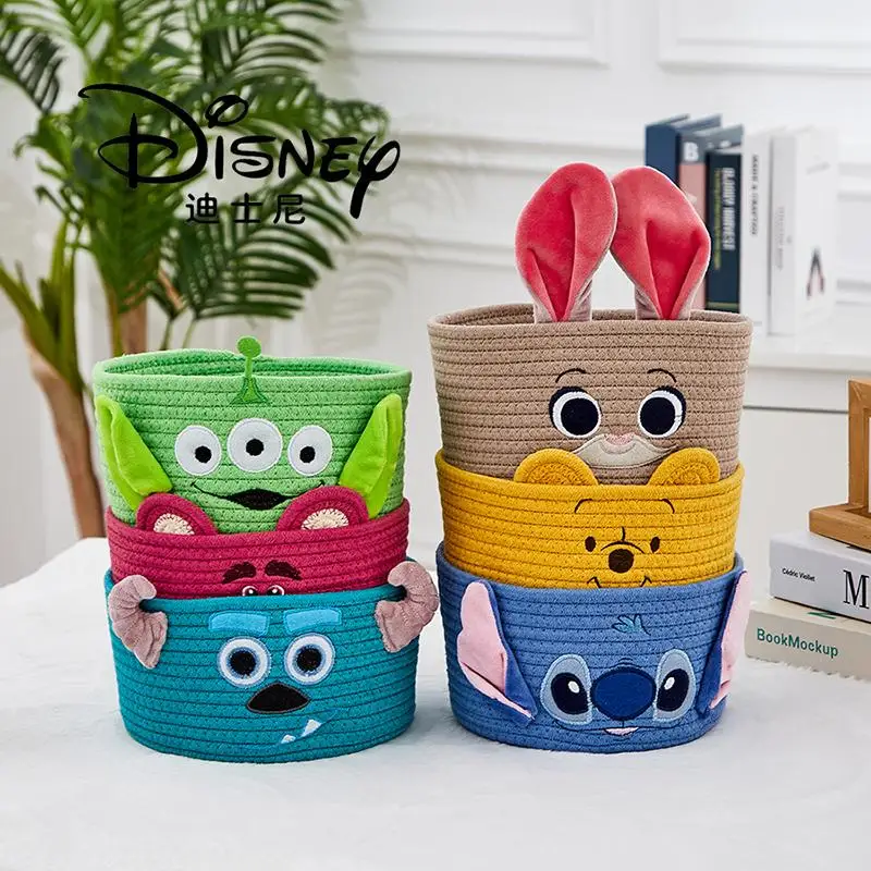 2024 Disney Cartoon Cute Pooh Stitch Lotso Series Desktop Storage Basket Kawaii Creative Home Sundries Weaving Storage Basket