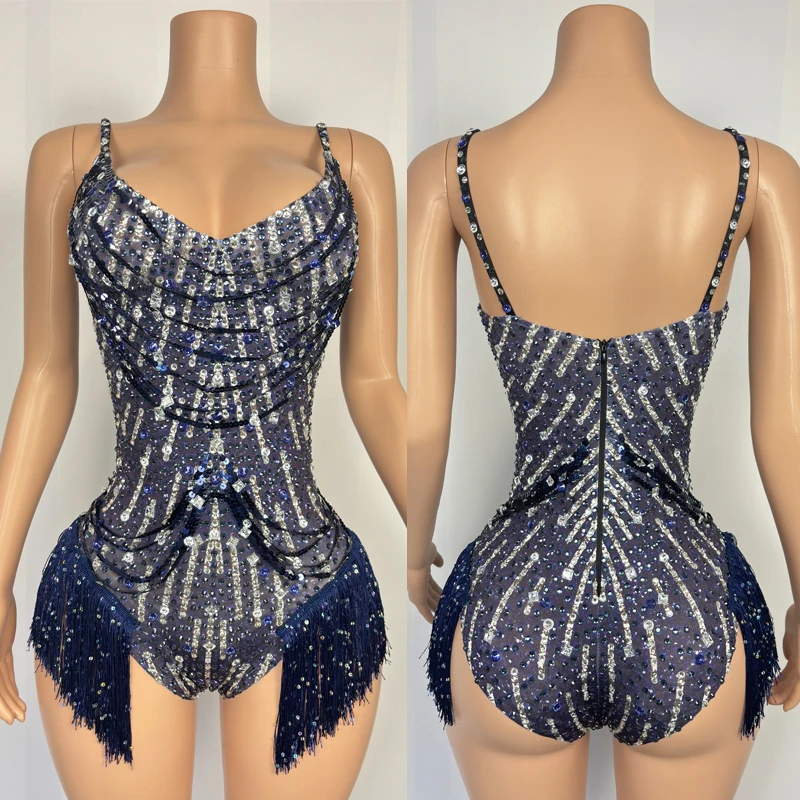 

New Design Full Rhinestones Fringed Bodysuit Women Singer Music Party Outfit Bar Nightclub Dj Ds Stage Gogo Dancer Costume 8723