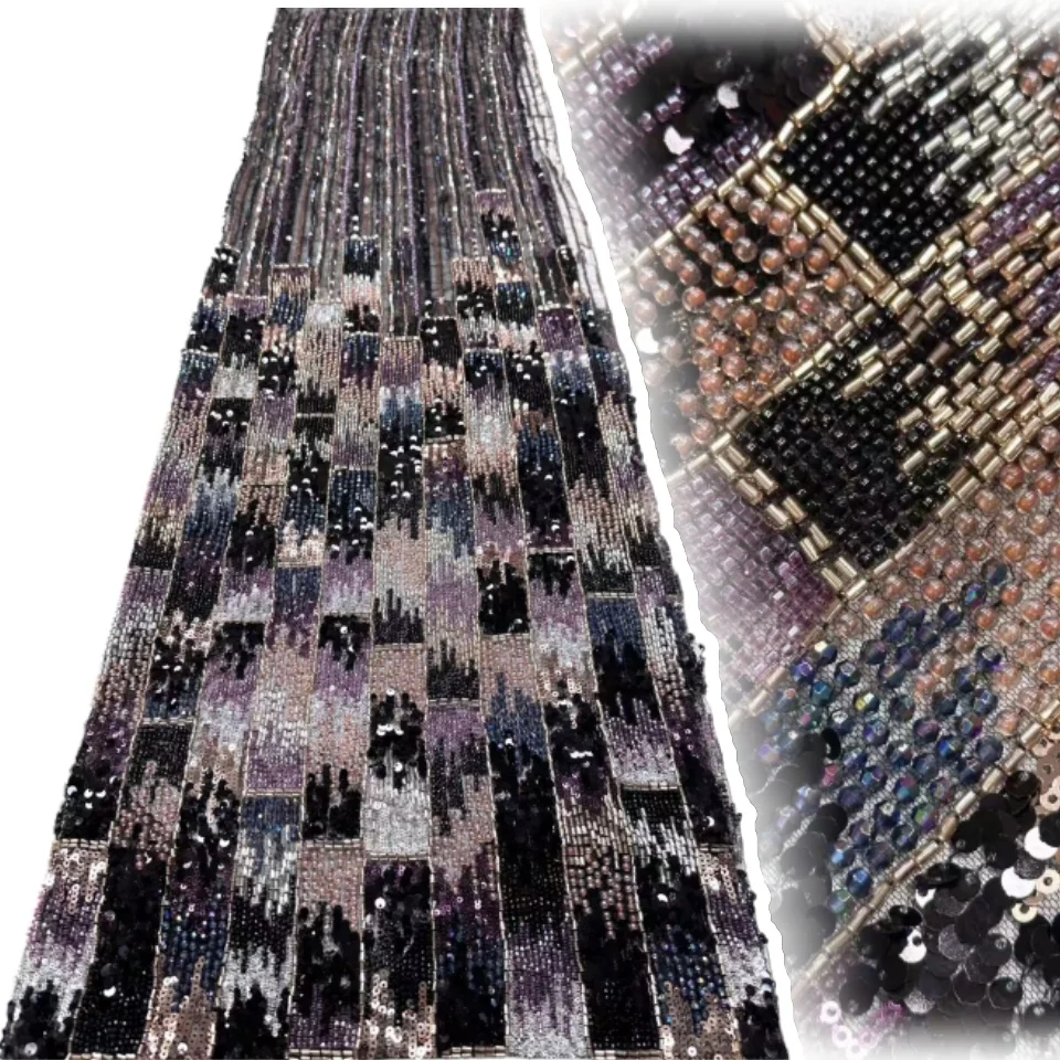 Verde de lujo delicado elegante francés hecho a mano tela de encaje con cuentas de lujo nigeriano africano tela de encaje de lentejuelas vestidos de noche TP1422