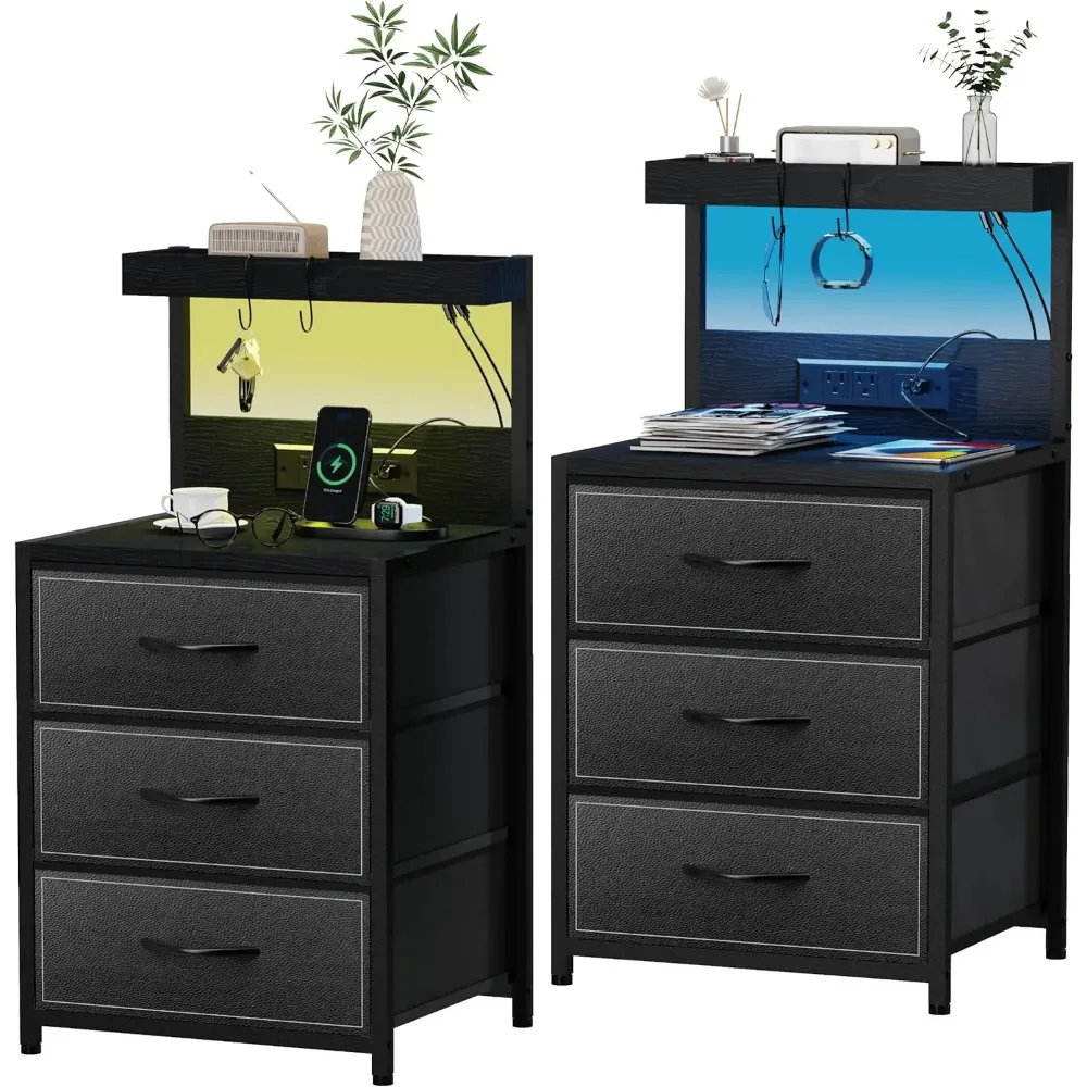 

LED bedside table set of 2 pieces, with 3 drawers and C-shaped charging station and storage coffee table with shelves and hooks