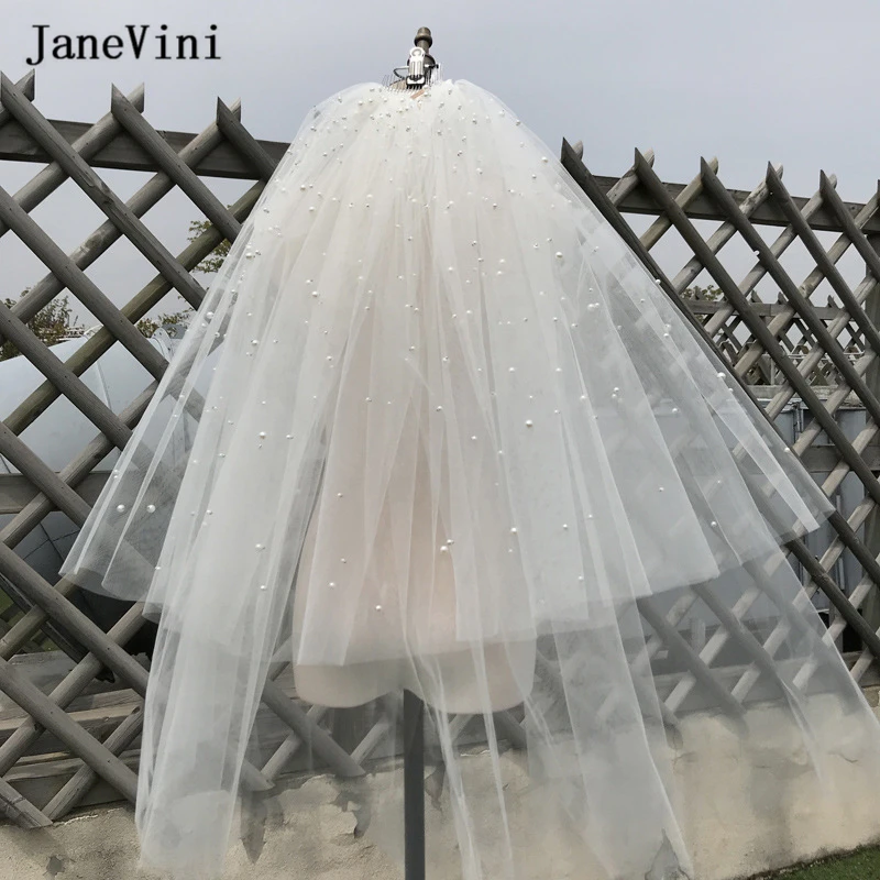 Janevini Twee Layer Sluier Met Metalen Kam Elegante Koreaanse Bruiloft Vail Zachte Tulle Korte Velo Parels Ivoor Vrouw Bridal Veils 2022