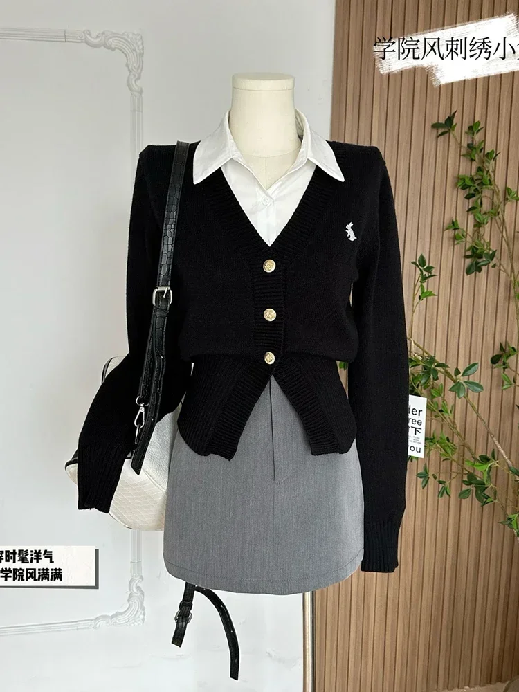 

Autumn Women Suit Old Money Korean Fashion Office Lady Outfits 3 Piece Set Long Sleeve Blouses + V-Neck Cardigan + Mini Skirts