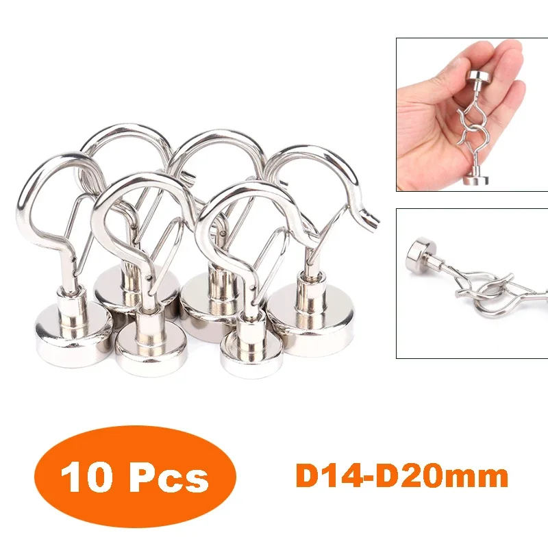 10 Pcs Magnet hook With self-locking buckle D14mm D16mm D18mm D20mm Neodymium Magnet Strong Hook Thick Wall for Home Kitchen