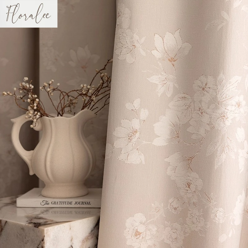Floralee Store New French Embroidered Blackout Curtains for Living Room Bedroom Curtains Milk Tea Hanging Curtains Customized