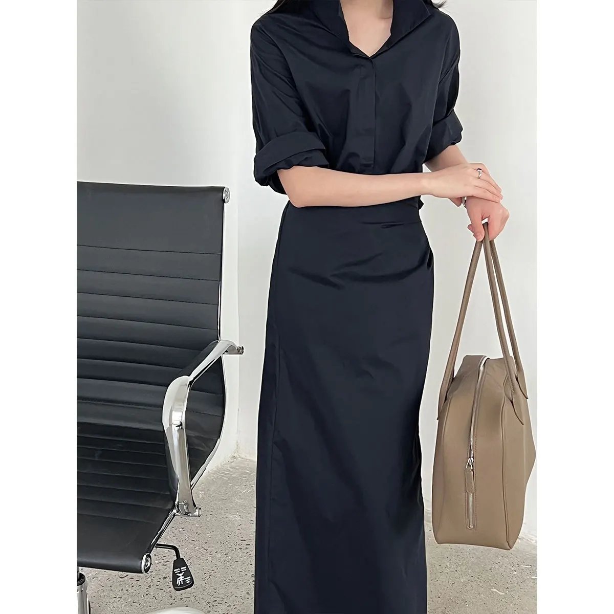 Korean Version Of The Design Sense Lace-up V-neck Waist Dress Women's Summer New Thin Shirt Long Skirt