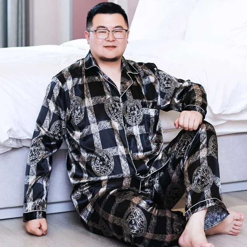 

Large Size Pajamas Men Ice Silk Long Sleeve Summer Set Plus Fat Silk Thin Home Clothes 300 Pounds Simple and Comfortable