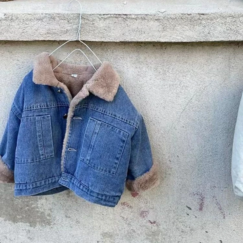 1-11Years Toddler Kids Denim Velvet Jackets for Girls Boys Turn Down Collar Thick Warm Outwear Coat Children Winter Overcoat 7 8