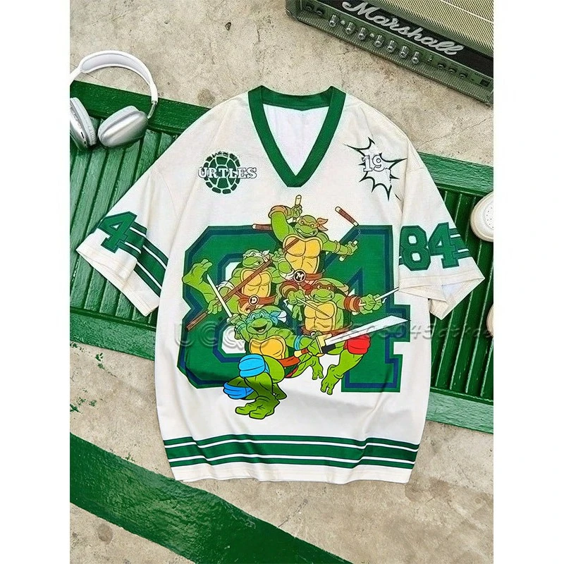 

Men'S Cartoon Anime Printed Knitted V-Neck Loose Casual Short Sleeved Street Dance Sportswear Trendy and Fashionable Men'S Top